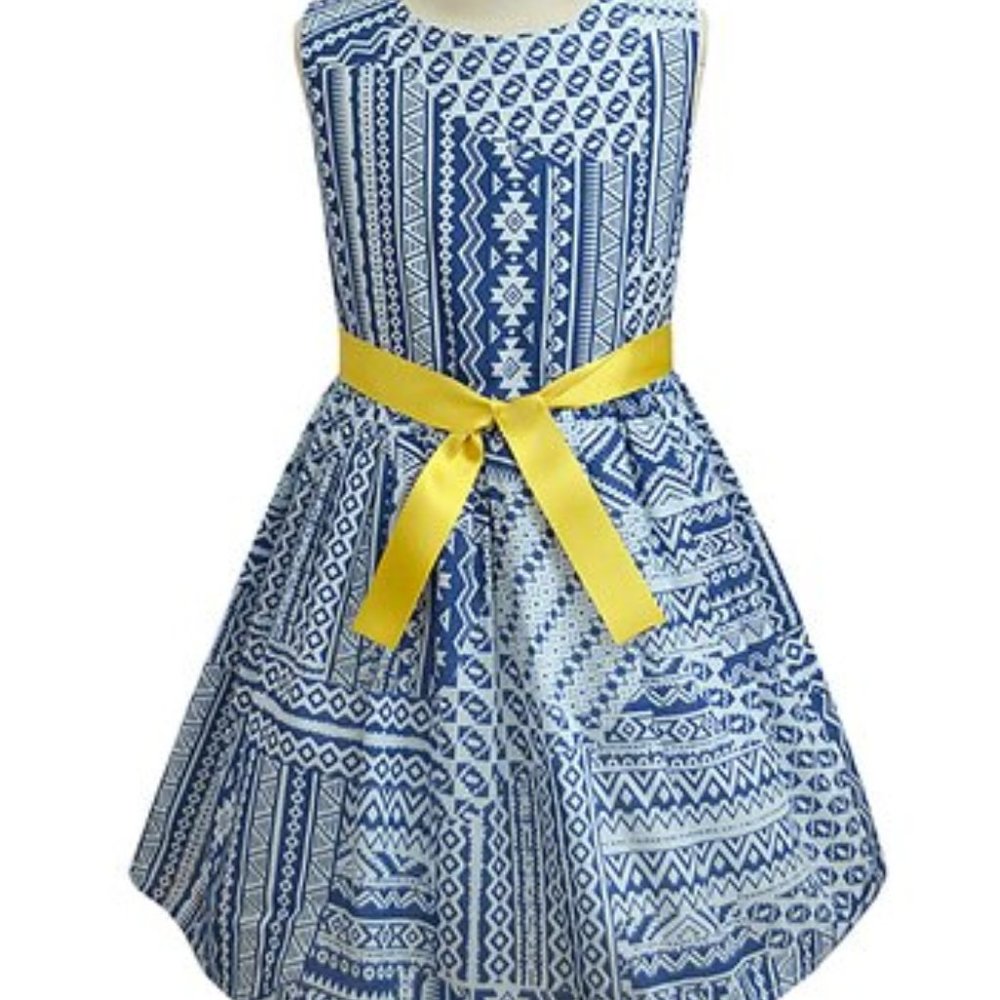 A.T.U.N.  Indigo & Yellow Geometric A-Line Dress Girls 5-6 Years